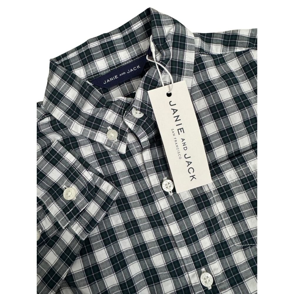 Janie and Jack Boys Plaid Long Sleeve Button Down Shirt Dark Green Size 3 New